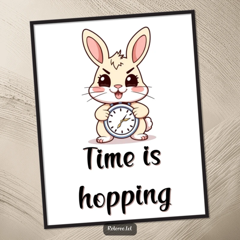 Funny poster showing an energetic rabbit with a stopwatch, looking determined. Dynamic wall art and a perfect funny gift.