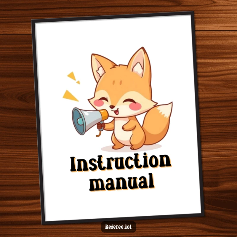 Funny fox character using a tiny megaphone, depicted as a cheerful poster for humorous decor.