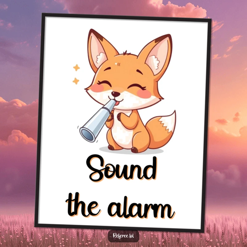 Funny cheerful fox blowing a shiny silver whistle, as funny wall art for upbeat personalities.