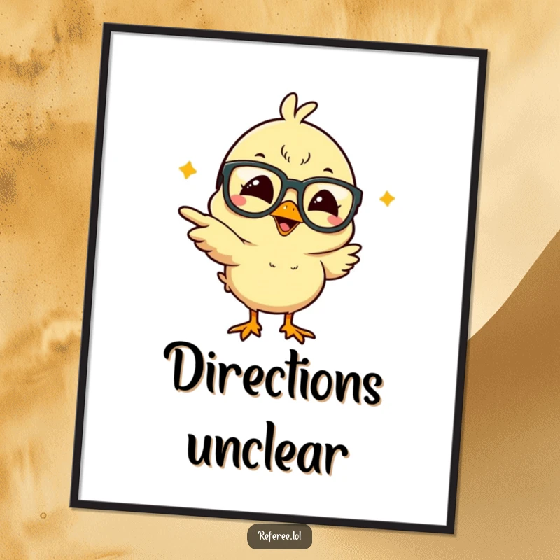 Funny giggling chick wearing glasses, pointing with abandon, displayed as vibrant wall art on a poster for humorous home decor.