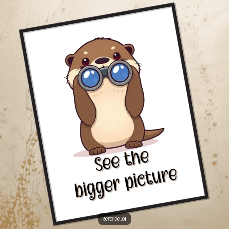 Funny poster art of a curious otter using large binoculars to scan the distance, capturing a humorous spirit of adventure.