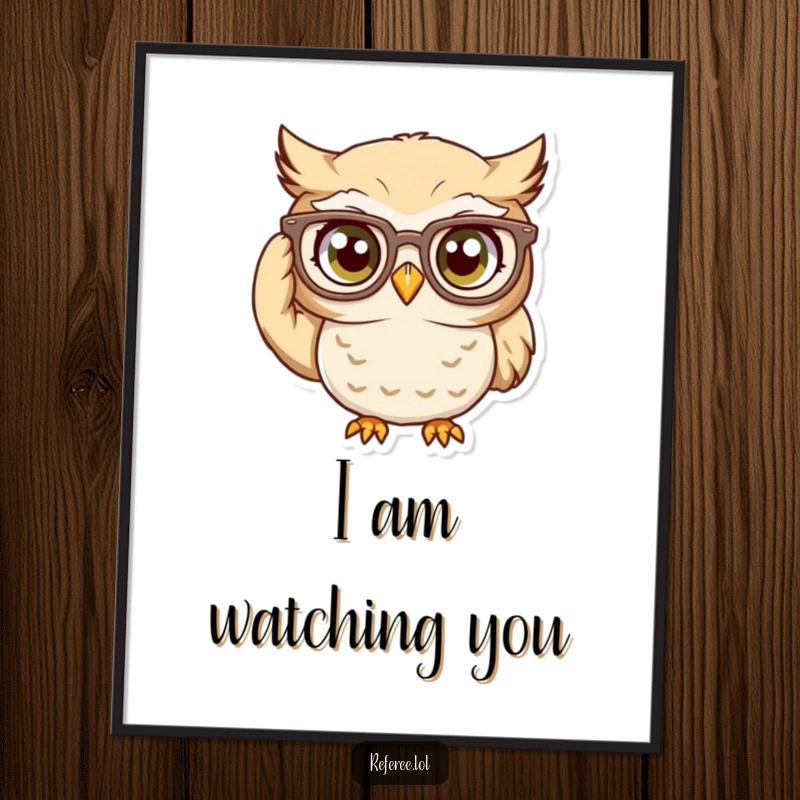 Funny Poster: Curious owl character meticulously adjusting oversized glasses, conveying intense focus and scholarly humor.