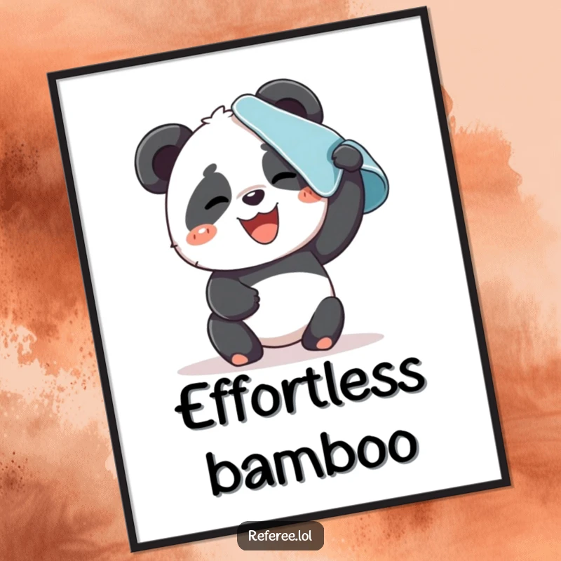 Funny poster art of a giggling panda wiping sweat from its brow with a towel. Humorous wall decor.