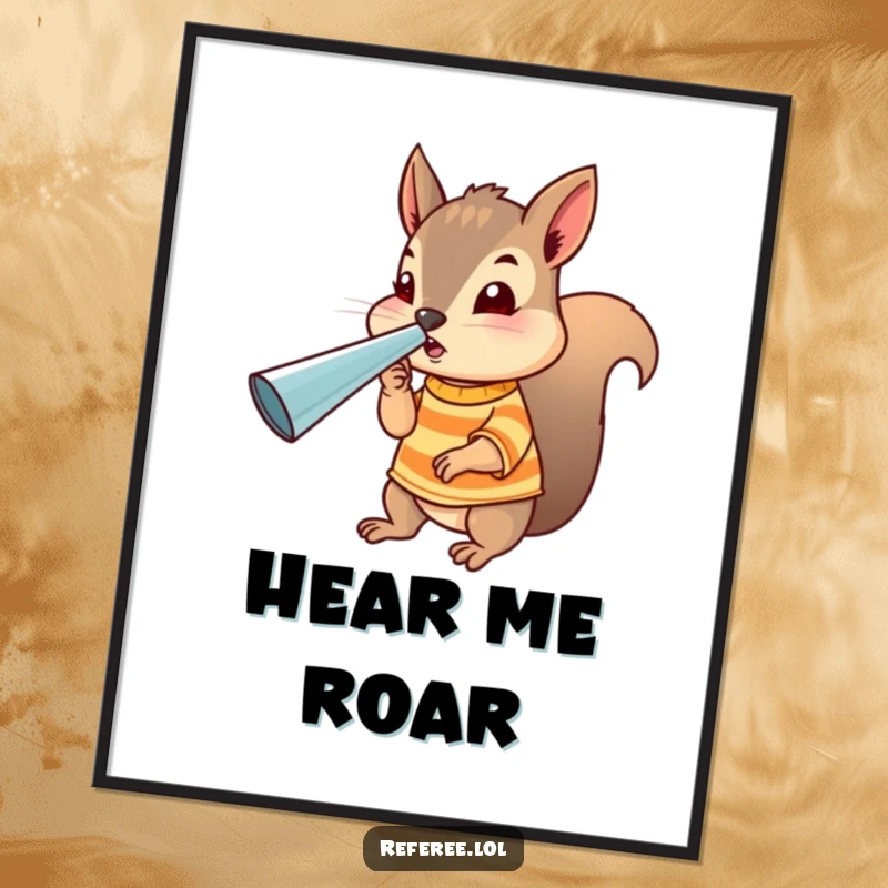 Funny squirrel referee poster showing a tiny uniformed squirrel blowing a large whistle, bringing energetic officiating humor to walls.