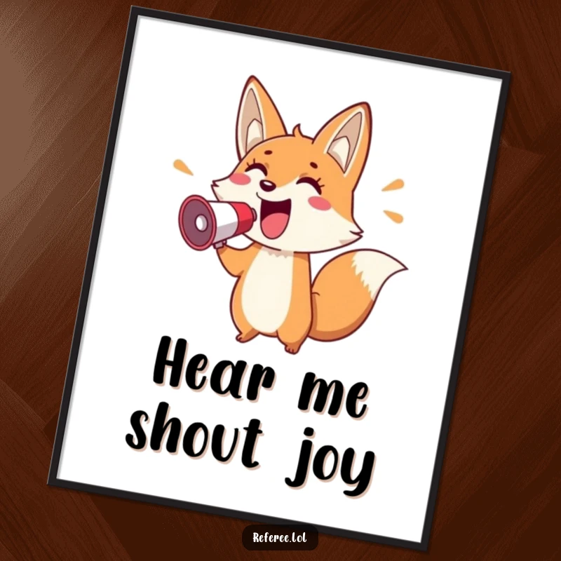 Funny poster featuring a cheerful fox holding a megaphone and pointing enthusiastically, perfect for adding energetic and communicative wall decor.