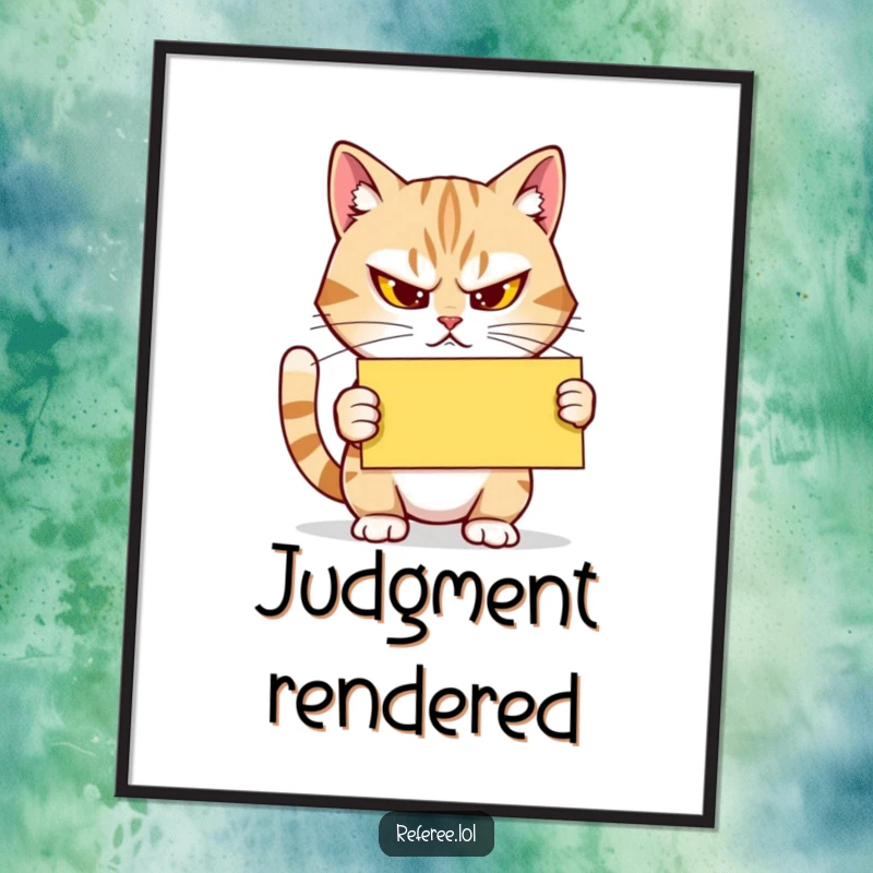 Funny Poster: A determined cat squints, holding a yellow card firmly, creating humorous wall art that signifies a strict yet funny referee.