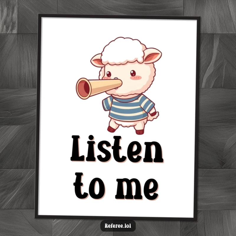 Funny fluffy sheep wearing a striped shirt, blowing a giant whistle on a poster, creating a humorous visual.