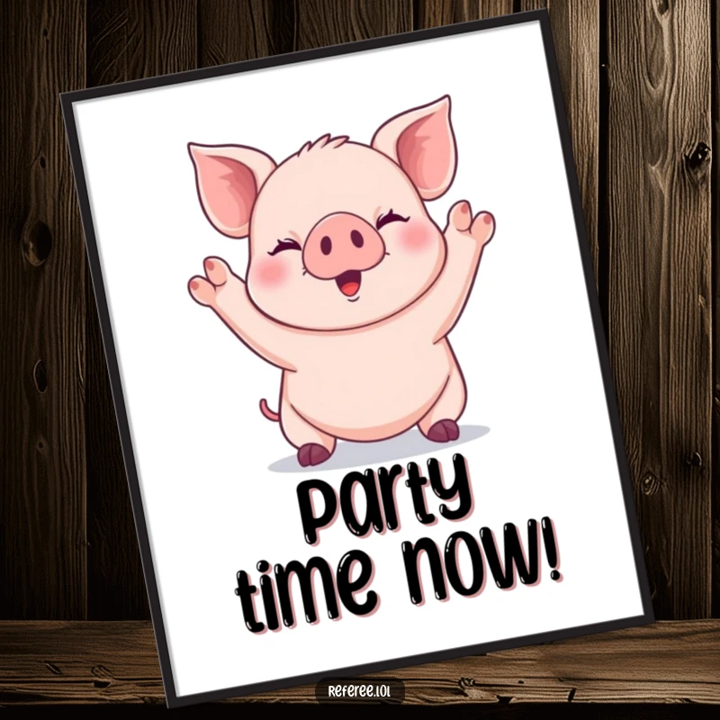 Funny giggling piglet signaling with both paws raised high on a poster, bringing infectious joy.