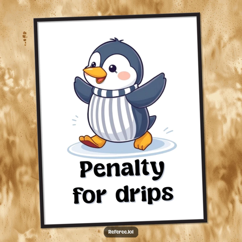 Funny cheerful penguin sliding on ice, making a referee signal, displayed as lively wall art on a poster for sports fans.