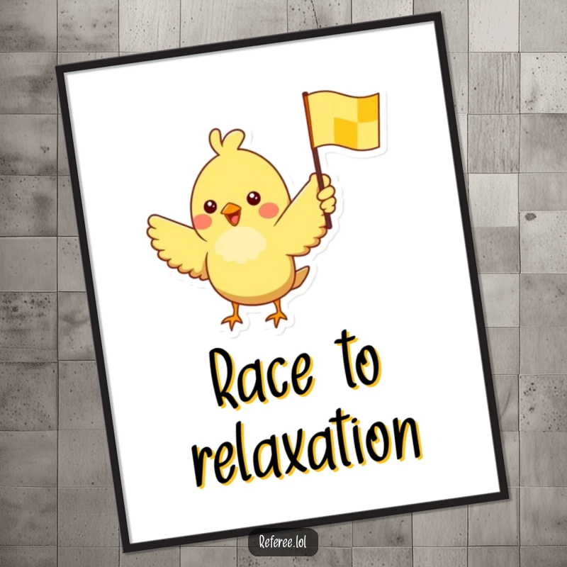 Funny poster artwork of a cheerful bird with outstretched wings, waving a yellow checkered flag with immense excitement.