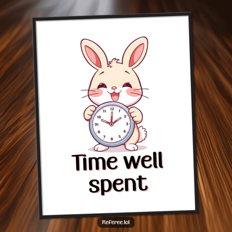 Funny bunny poster showing a delighted bunny with a wide smile, holding a stopwatch. Cheerful timekeeping artwork.
