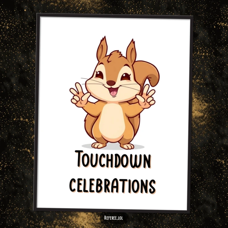 Funny poster art of a delighted squirrel making precise hand signals for a touchdown, ideal for humorous sports-themed decor.