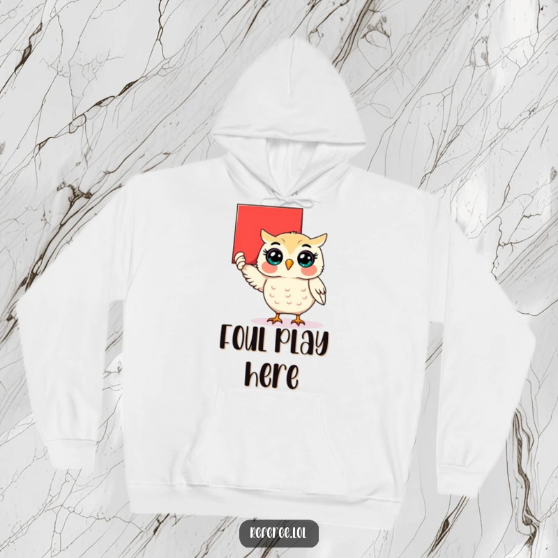 Funny surprised owl holding up a giant red card on a hoodie, symbolizing a humorous warning.