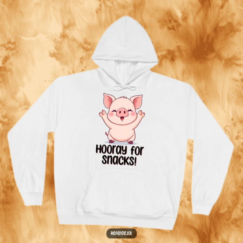 Funny giggling piglet signaling with both paws raised high on a hoodie, radiating warmth and happiness.