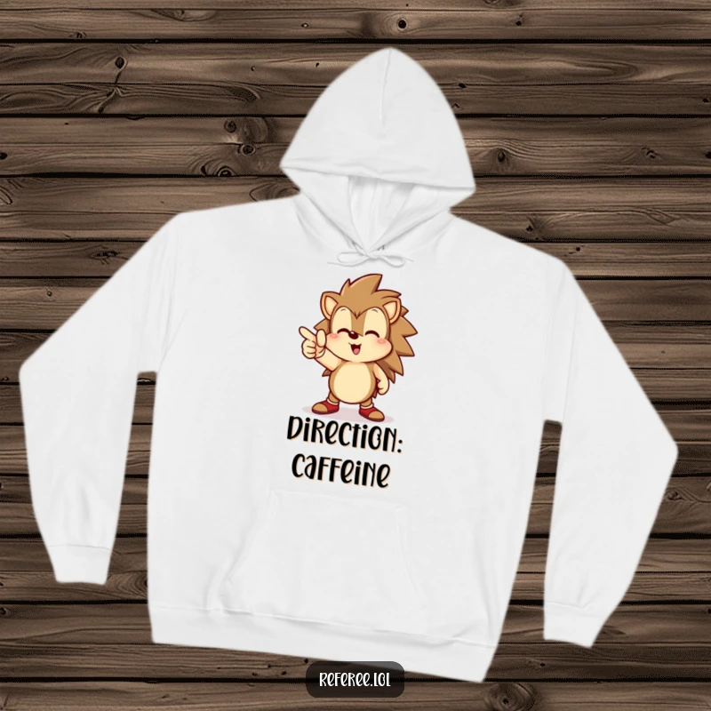 Funny hedgehog hoodie, confidently pointing towards a goal line, symbolising focus and a drive for success.