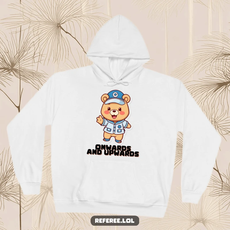 Funny bear team hoodie showing a happy bear in uniform excitedly gesturing a play forward, providing warmth and humorous motivation.