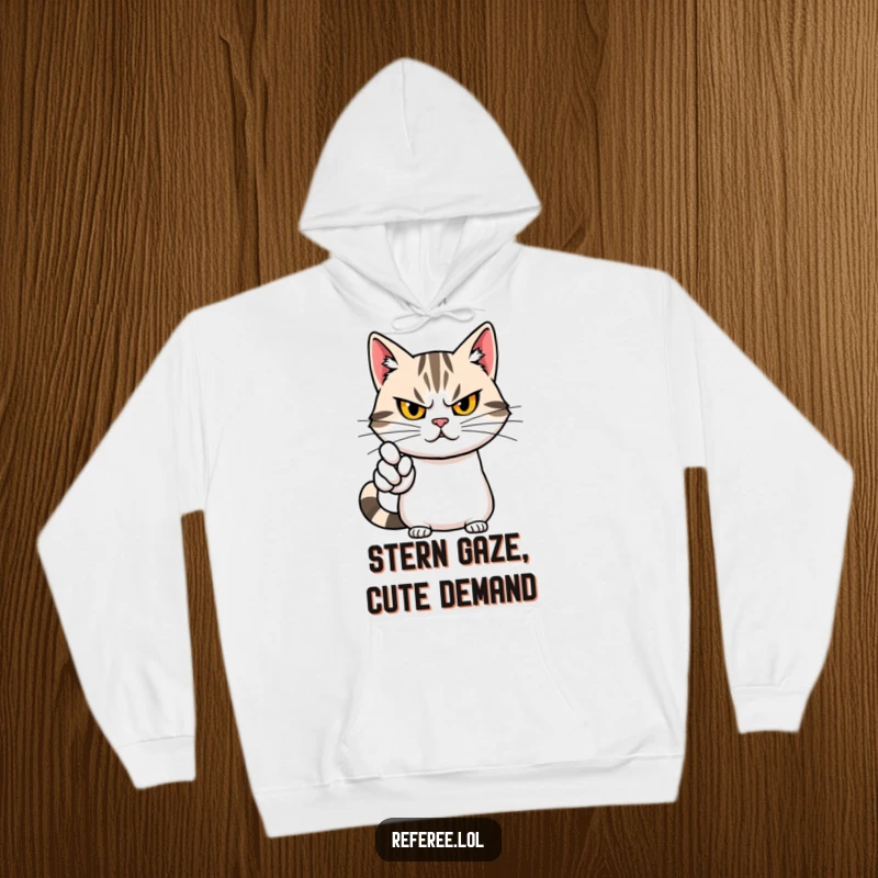 Funny hoodie featuring a determined cat with a stern but cute face, dramatically pointing, exuding confidence and authority.