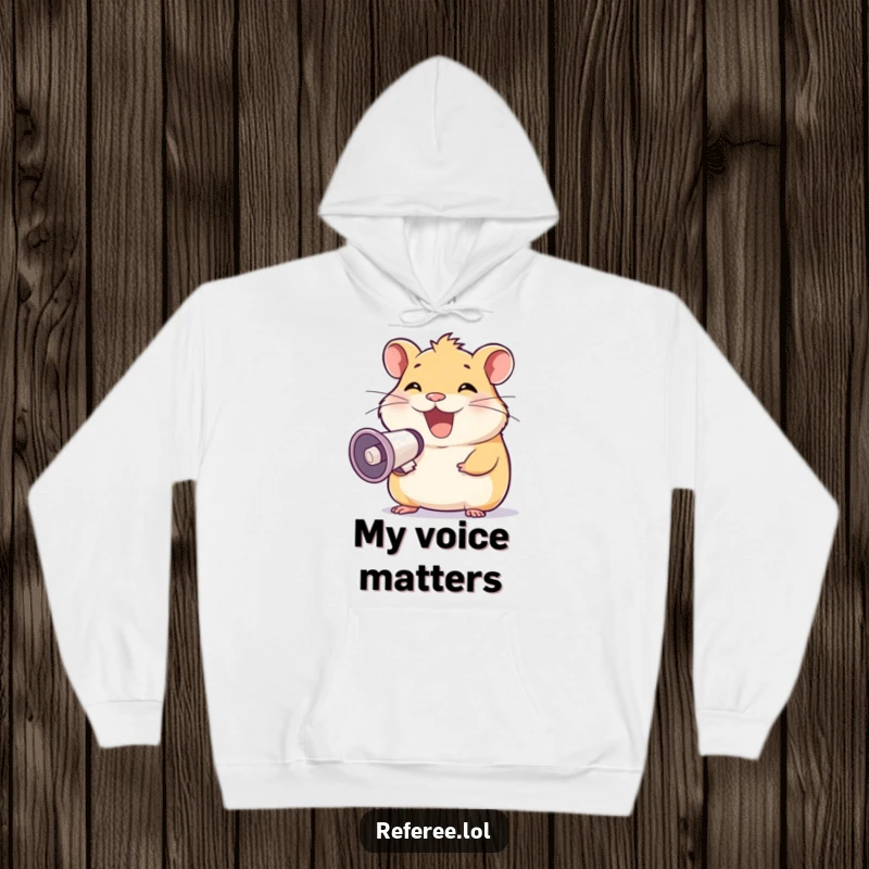 Funny hoodie with a happy hamster grinning and using a megaphone, offering warmth and loud humor, a great funny gift.