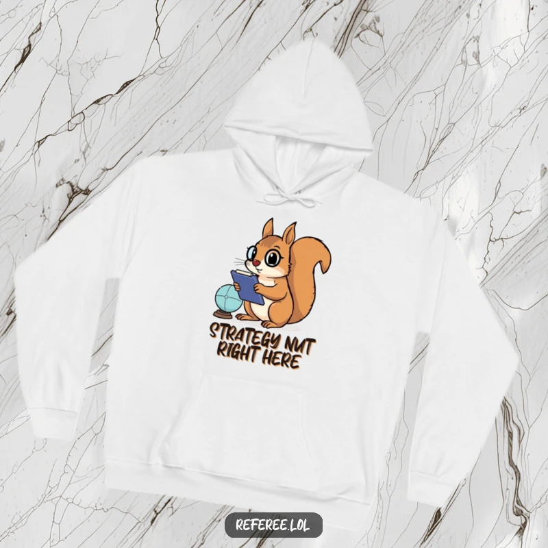 Funny hoodie depicting a determined squirrel with a clipboard intently watching a game, exuding strategic genius and athletic focus.