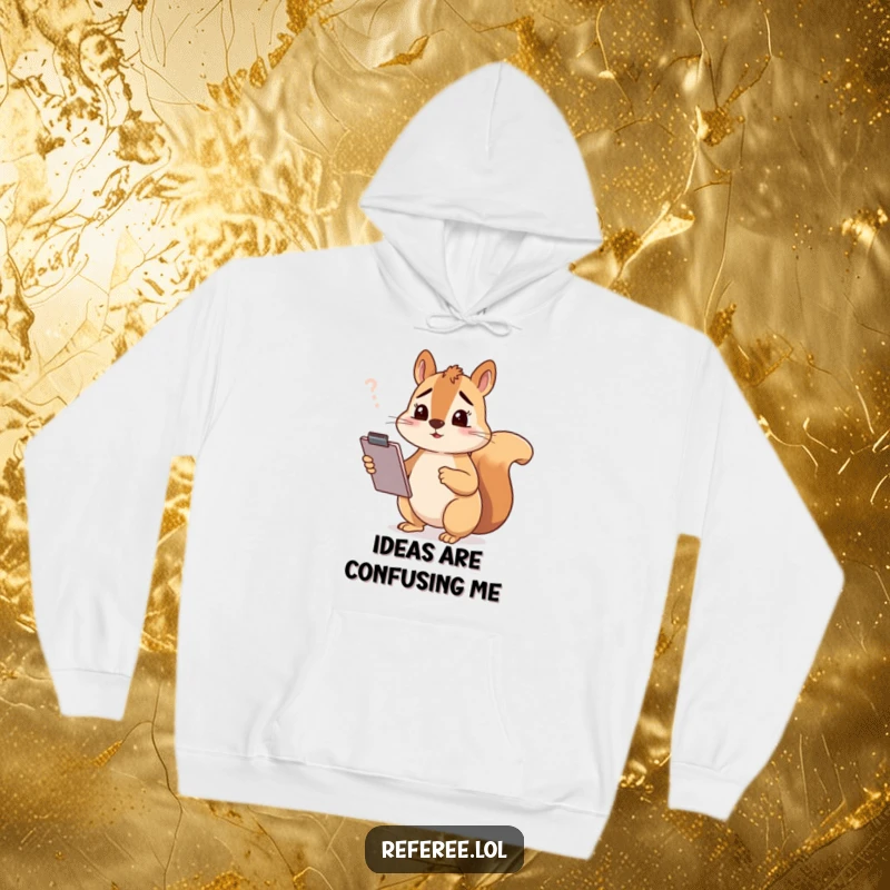 Funny squirrel in a hoodie, holding a clipboard with a confused expression, showcasing relatable office humor for a funny gift.