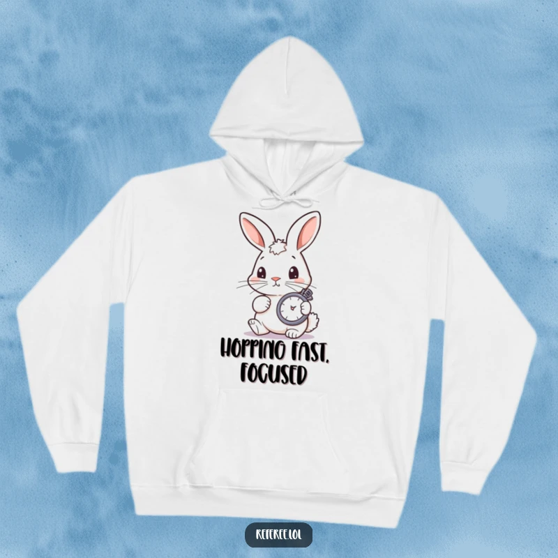 Funny bunny checking a stopwatch for focus, depicted on a warm and funny hoodie for all ages.