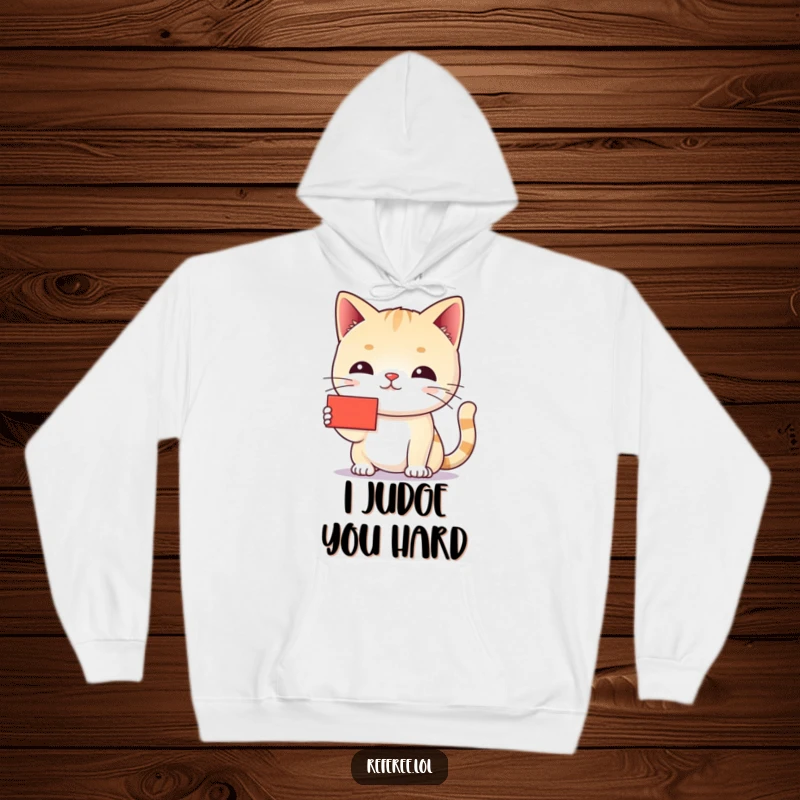 Funny cat hoodie featuring a stern cat holding a tiny red card, displaying a chiding expression and playful discipline.