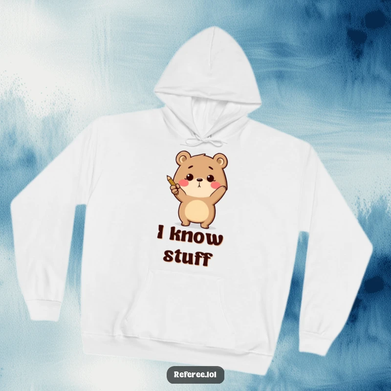 Funny determined bear energetically pointing with a tiny pencil on a hoodie, representing guidance and purpose.