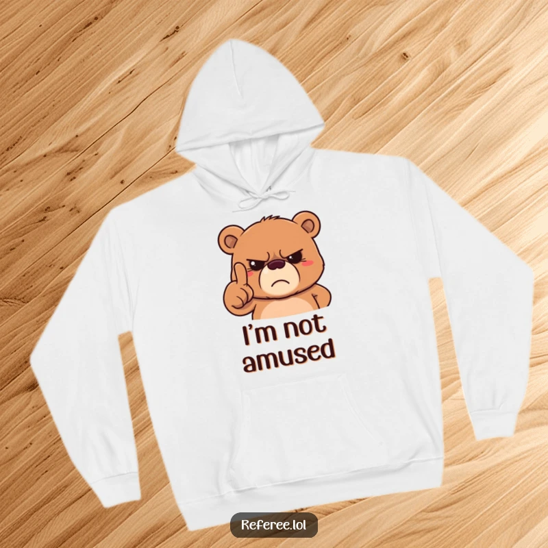 Funny grumpy bear hoodie showing a stern bear pointing a finger with a frown, symbolizing playful authority and a serious demeanor.