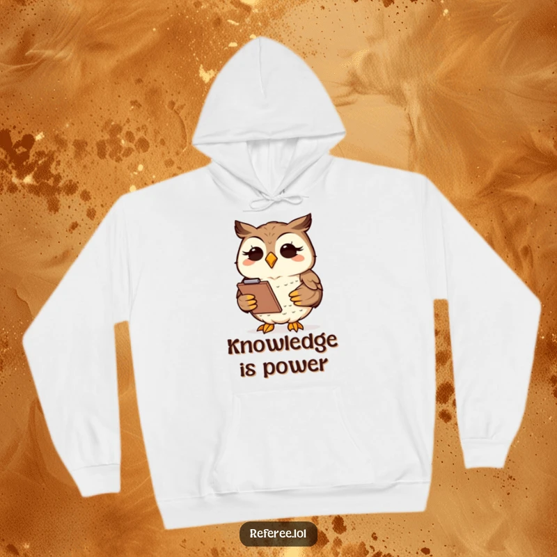 Funny wise owl holding a clipboard, ready for notes, depicted on a warm and funny hoodie.