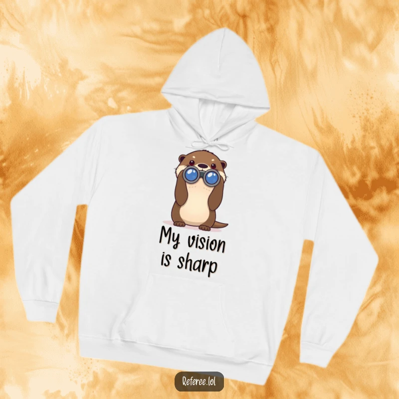 Funny hoodie with a curious otter peering through large binoculars, embodying humorous exploration and cozy comfort.