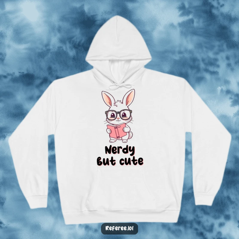 Funny hoodie featuring a shy bunny adjusting oversized glasses and holding a rule book, offering cozy comfort and scholastic humor.