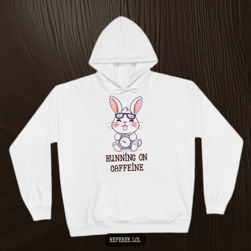 Funny hoodie featuring a cheerful rabbit with a stopwatch, looking determined and energetic, ideal for cozy and humorous wear.
