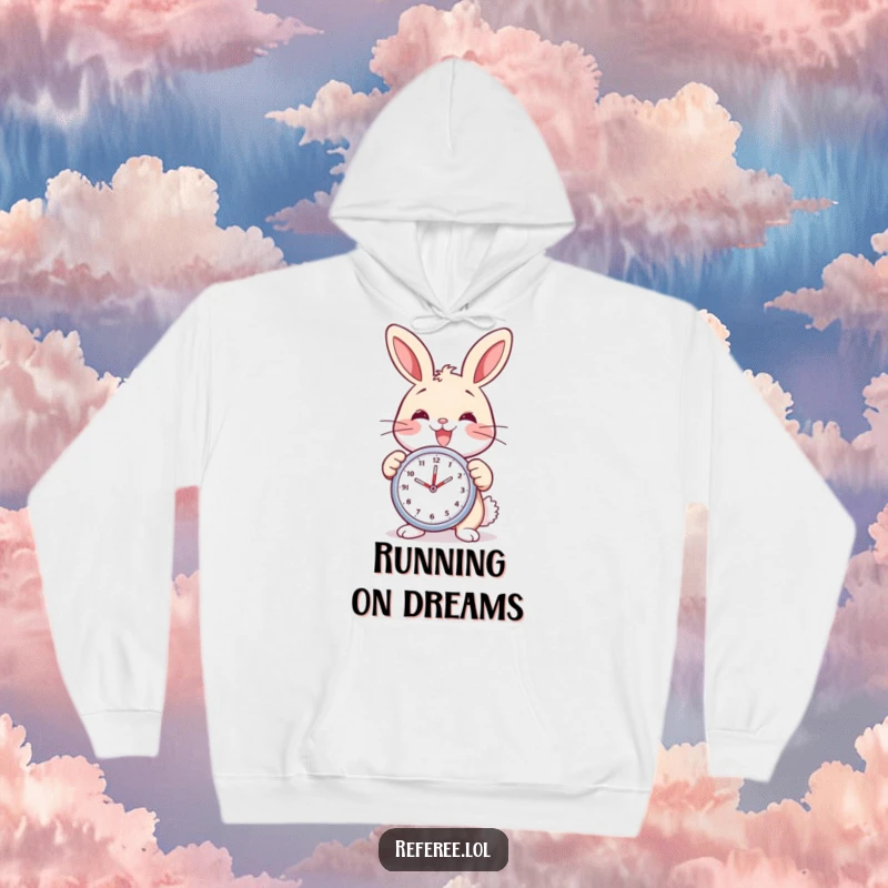 Funny bunny hoodie showing a delighted bunny with a wide smile, holding a stopwatch. Cozy and time-conscious fun.