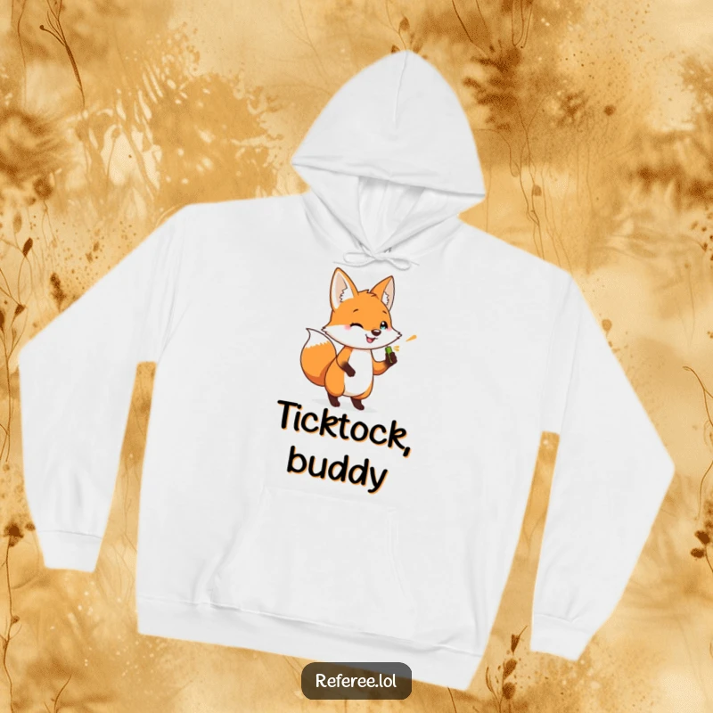 Funny hoodie with a happy, impatient fox holding a whistle. Cozy and comical for cool weather.