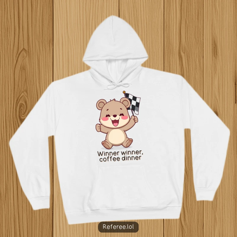 Funny bear cub hoodie, proudly waving a checkered flag with a joyful expression, ideal for race day comfort.