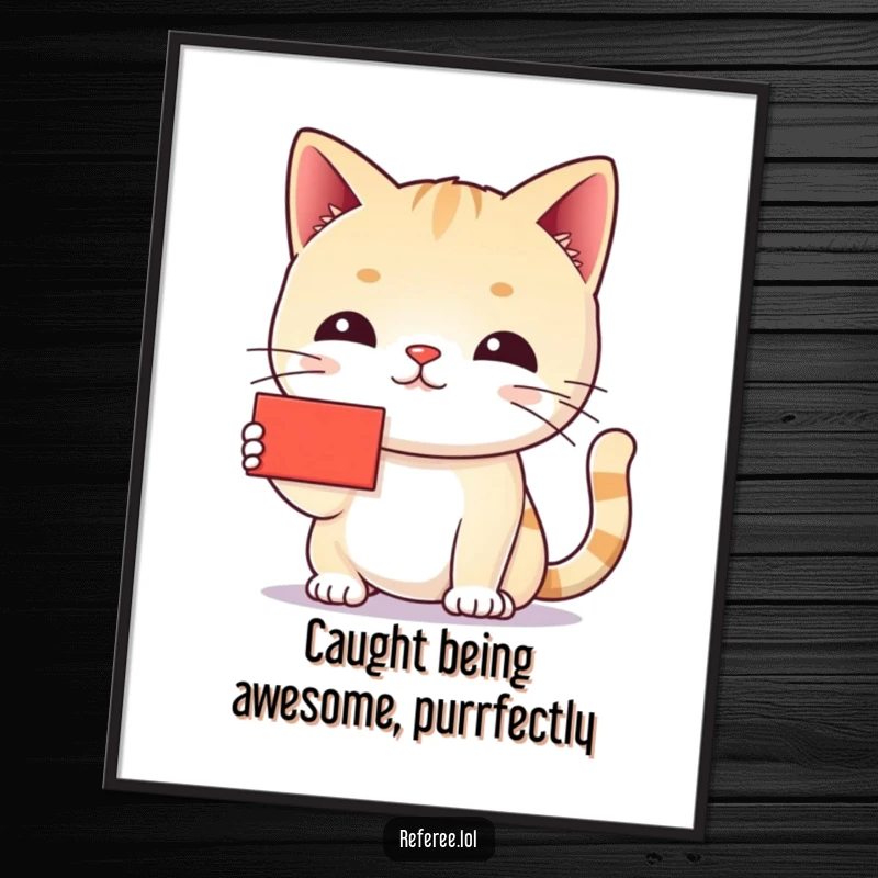 Funny Free Printable Wall Art: A chiding cat holds a tiny red card with a scolding expression, judging all.