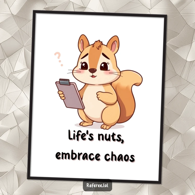 Funny free printable wall art: A squirrel with a clipboard looking completely baffled and confused.