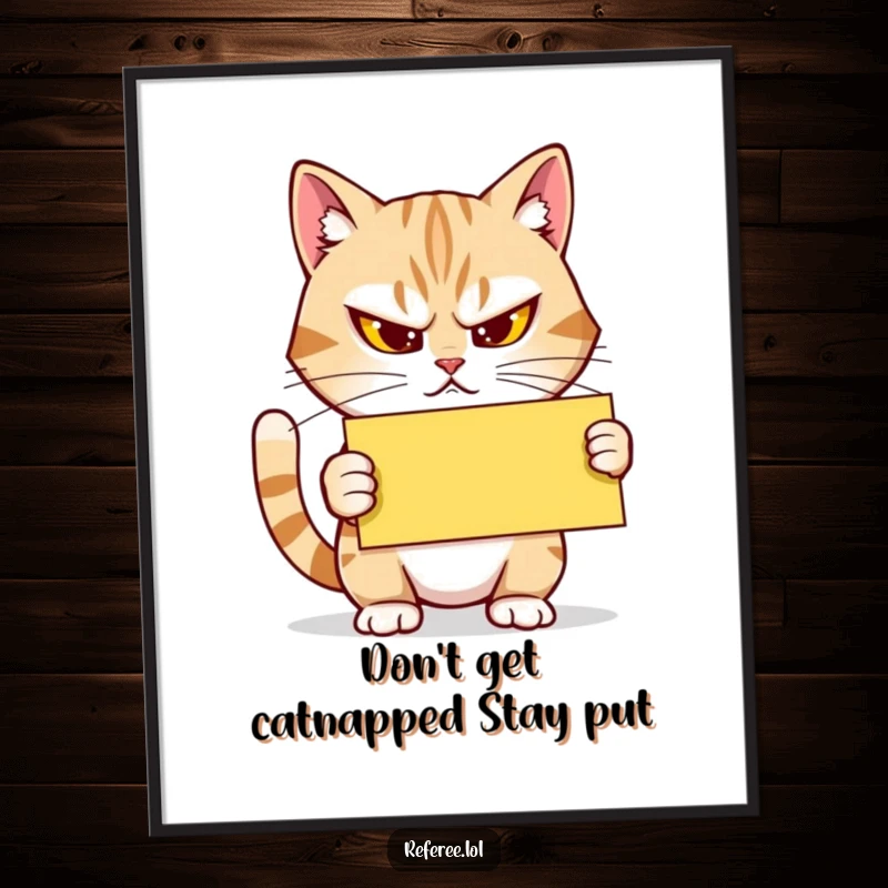 Funny Free Printable Wall Art: Determined Cat Squinting, Holding Yellow Card Firmly!