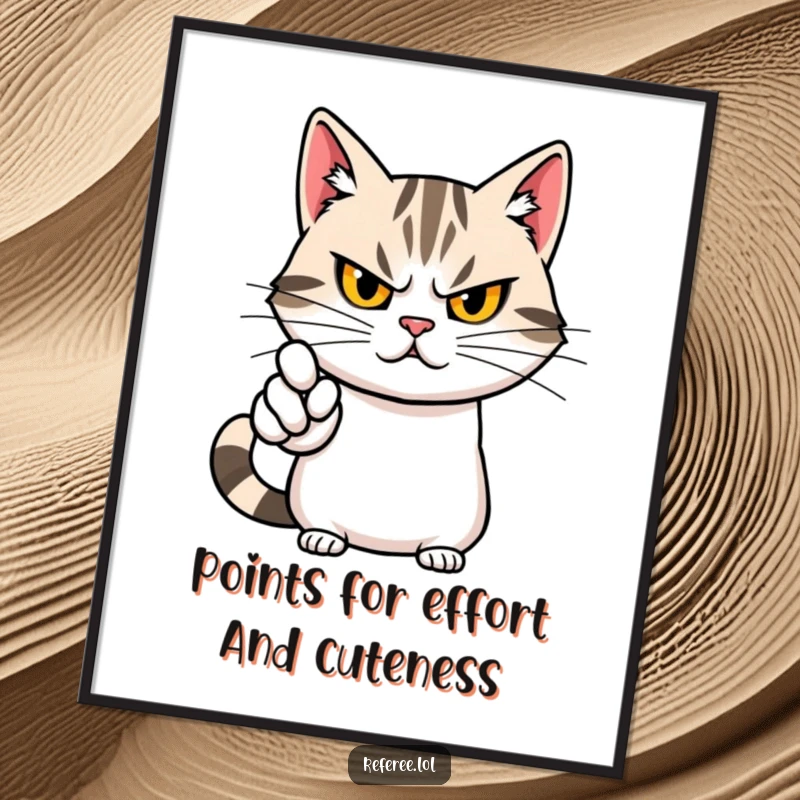 Funny Free Printable Wall Art: A determined cute cat character pointing dramatically with a stern expression.