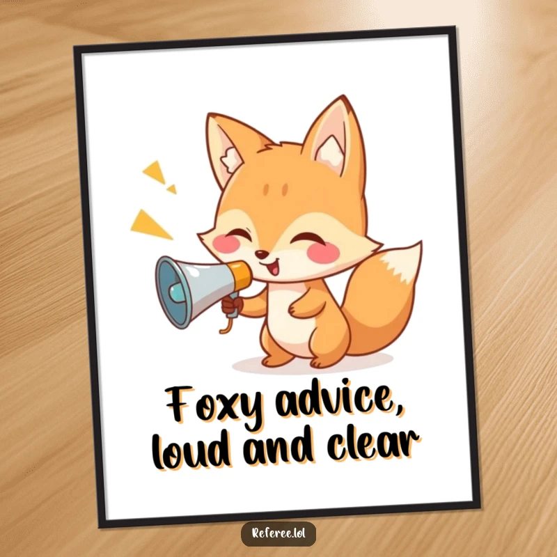 Funny Free Printable Wall Art of a giggling fox using a tiny megaphone to enthusiastically shout instructions, perfect for quirky decor.
