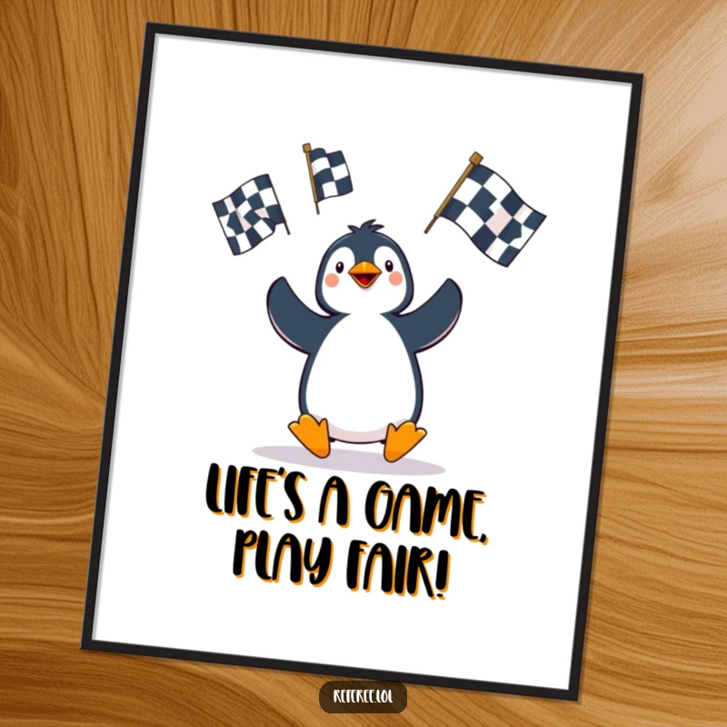 Funny Free Printable Wall Art: Penguin comically juggling three large penalty flags, embodying playful chaos and athletic mishaps for unique decor.