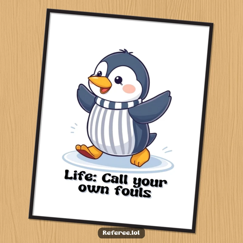 Funny Free Printable Wall Art: a cheerful penguin sliding on ice, making a referee gesture, full of energy.
