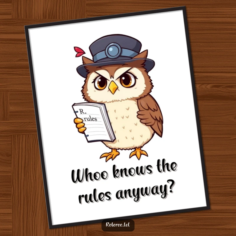 Funny Free Printable Wall Art: A confused owl in a fancy hat holds a rulebook upside down, representing delightful misunderstanding.