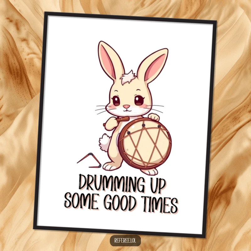 Funny Free Printable Wall Art: A curious bunny with intense focus is captured mid-drum solo.