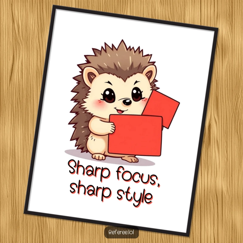 Funny Free Printable Wall Art of a happy hedgehog holding a bright red card with an intensely determined gaze.
