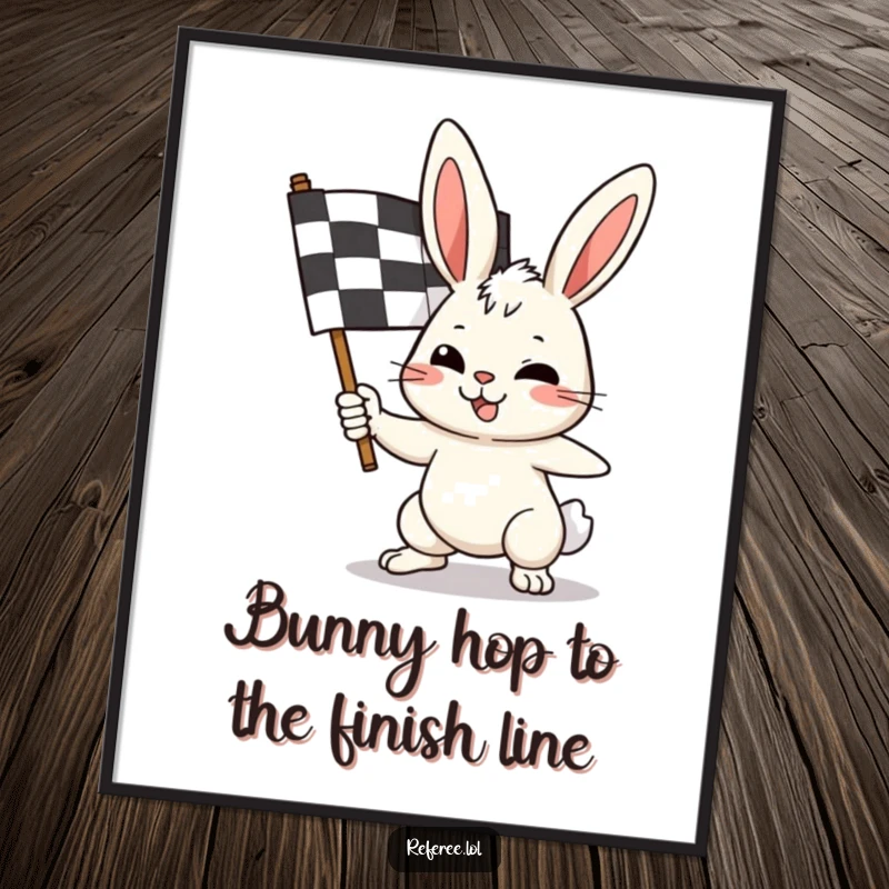 Funny free printable wall art of a determined bunny furiously waving a checkered flag, embodying speed and celebration.