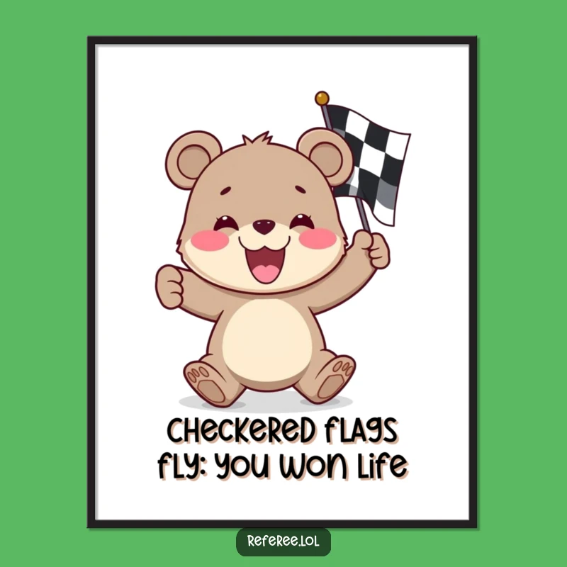 Funny Free Printable Wall Art: Cheerful Bear Cub Waving Race Flag, Downloadable Decor