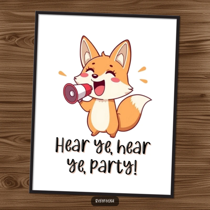 Funny Free Printable Wall Art: A cheerful fox with a megaphone shouts enthusiastically, pointing forward with energetic and playful vibes. Bold decor.