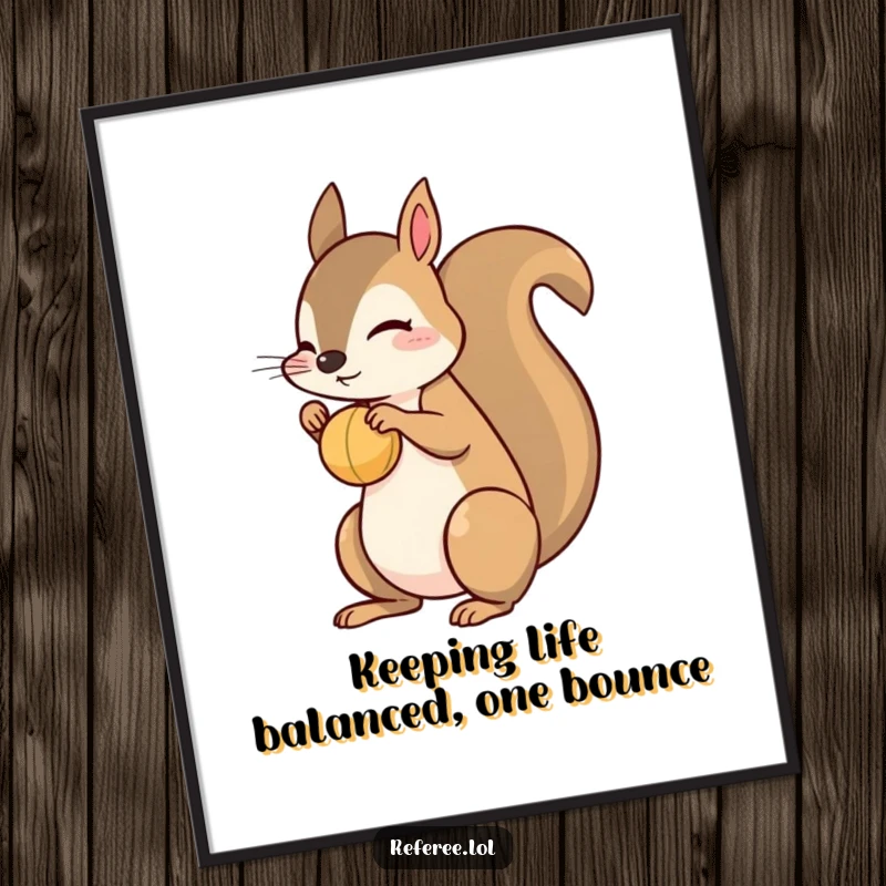 Funny Free Printable Wall Art: A playful squirrel is expertly bouncing a small ball on its nose. Whimsical and charming decor.