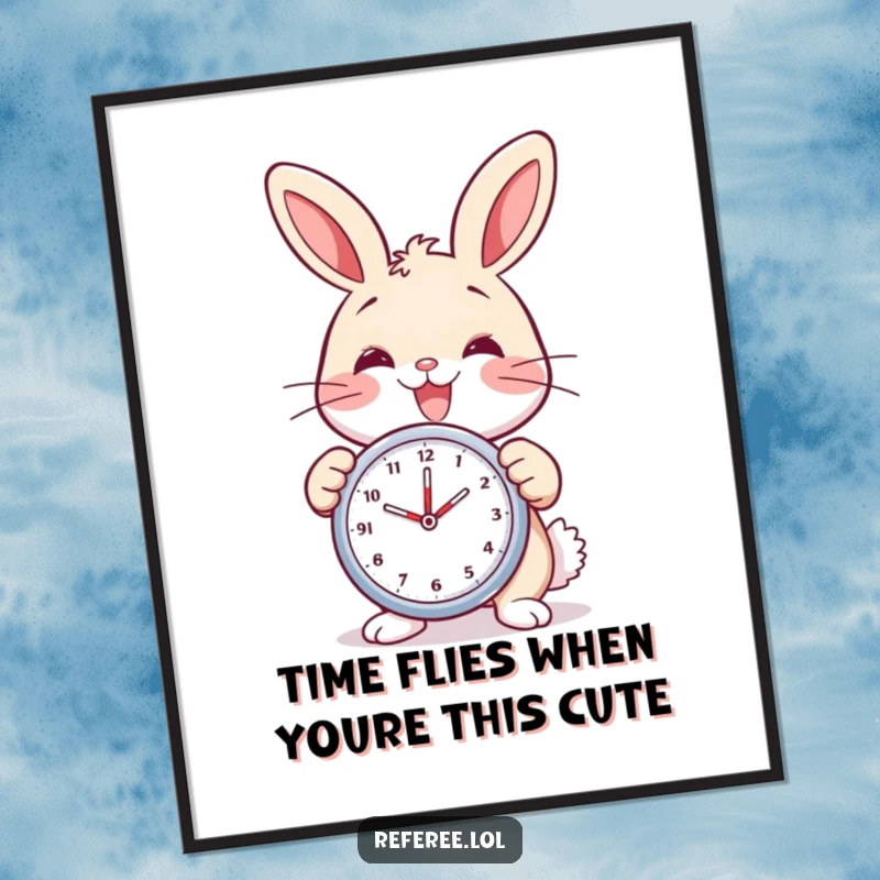 Funny Free Printable Wall Art: A delighted bunny holds a stopwatch, smiling widely. Humorous digital art for timekeepers.